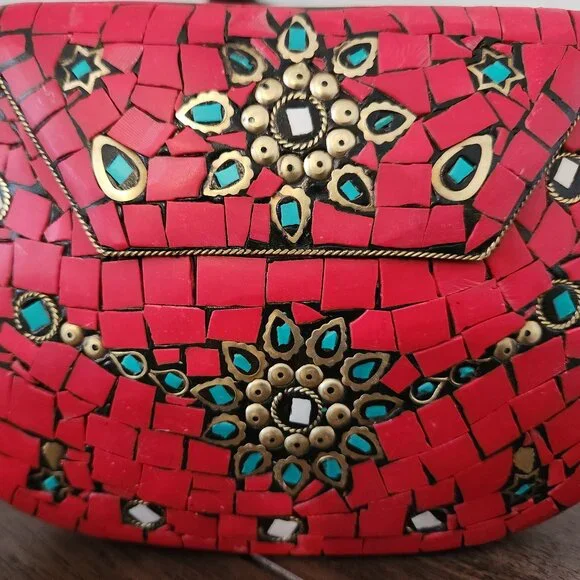 RAMLA Moroccan Mosaic Bag- Red & Gold - Picture 3 of 10